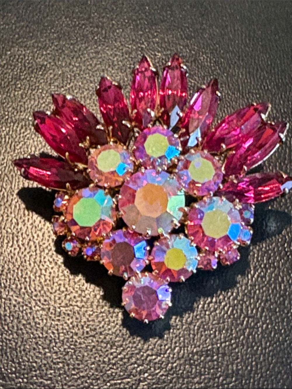 Magenta Pink and AB Aurora Borealis Rhinestones Brooch 1950s